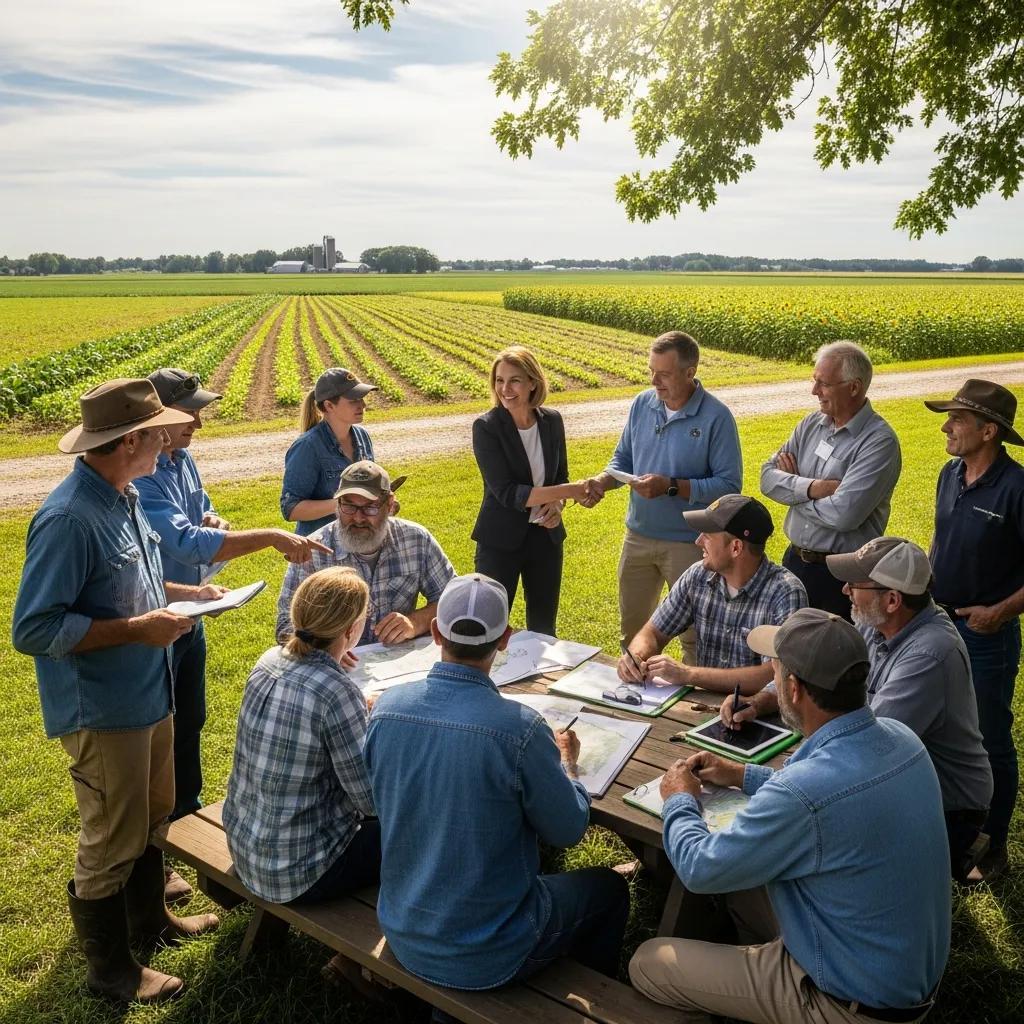 Government staff and local farmers gathered outdoors at a picnic table, reviewing documents and discussing agricultural land use and policy decisions in a rural farm setting.
