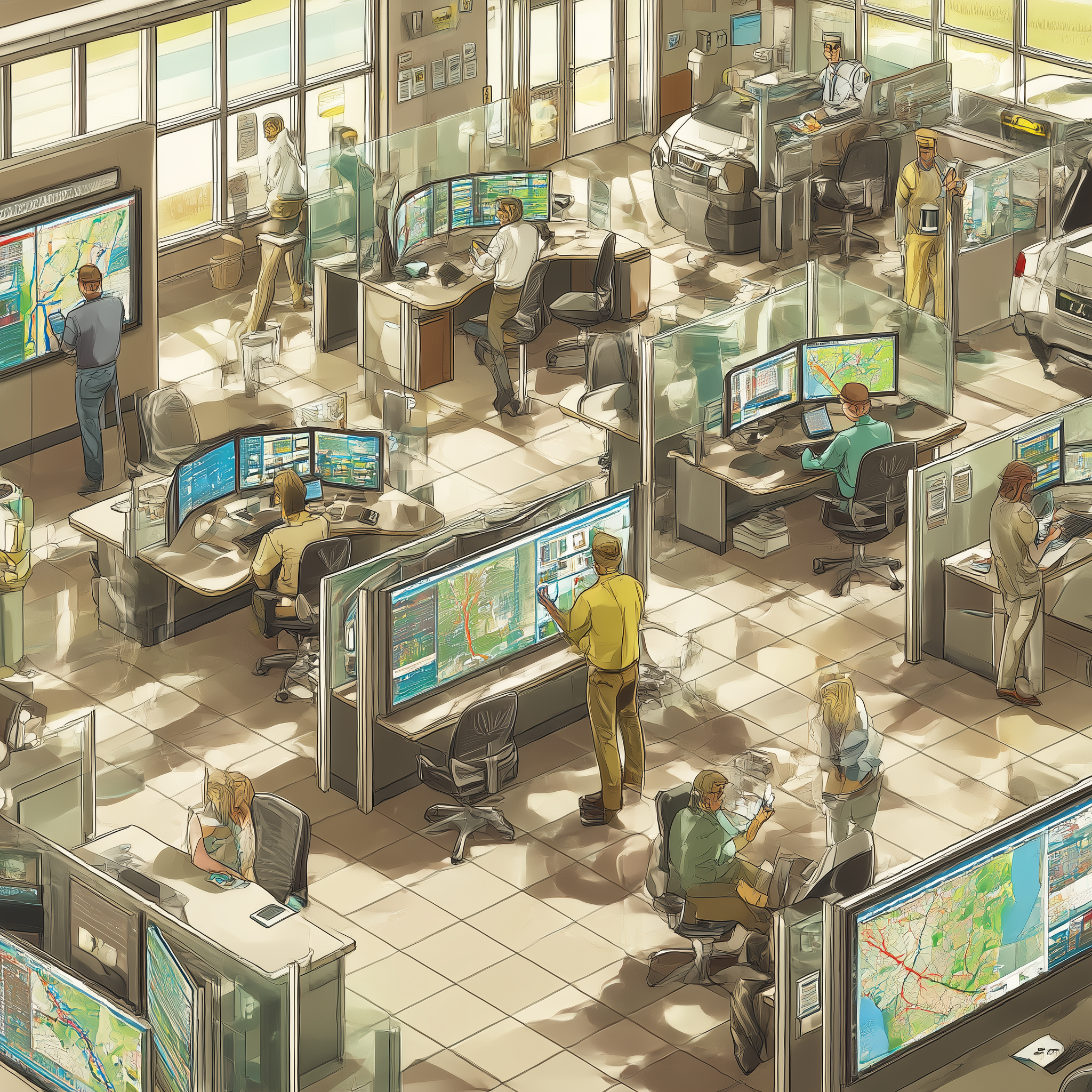 Modern Department of Transportation control room with staff analyzing maps and public comment dashboards on large monitors, representing digital public engagement and compliance workflows.
