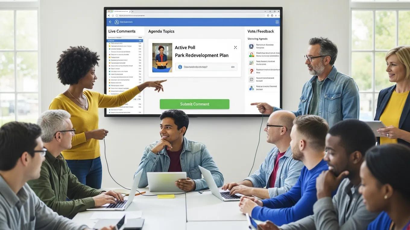 A diverse group of professionals seated around a conference table during a collaborative meeting. A large wall-mounted screen displays a public engagement or feedback platform with live comments, agenda topics, and an active poll related to a park redevelopment plan. Several participants are pointing toward the screen while others use laptops and tablets, creating an interactive and engaged discussion environment.