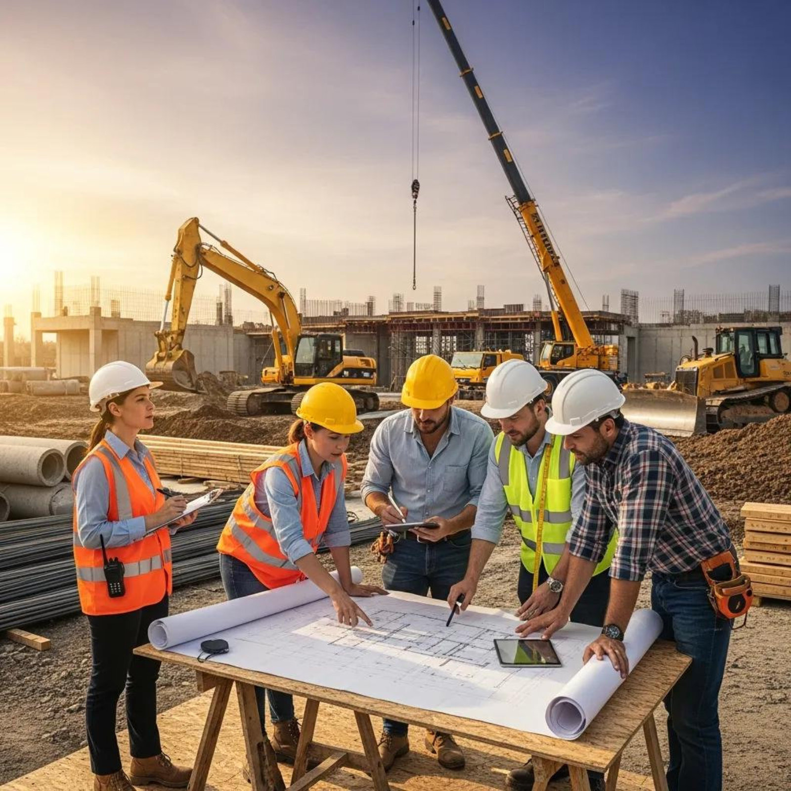 Construction site with diverse workers collaborating on project plans.