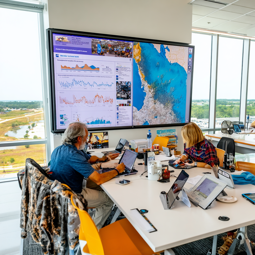 Team members working in a modern command center with laptops and tablets, analyzing environmental data displayed on a large wall screen showing charts and a coastal map.