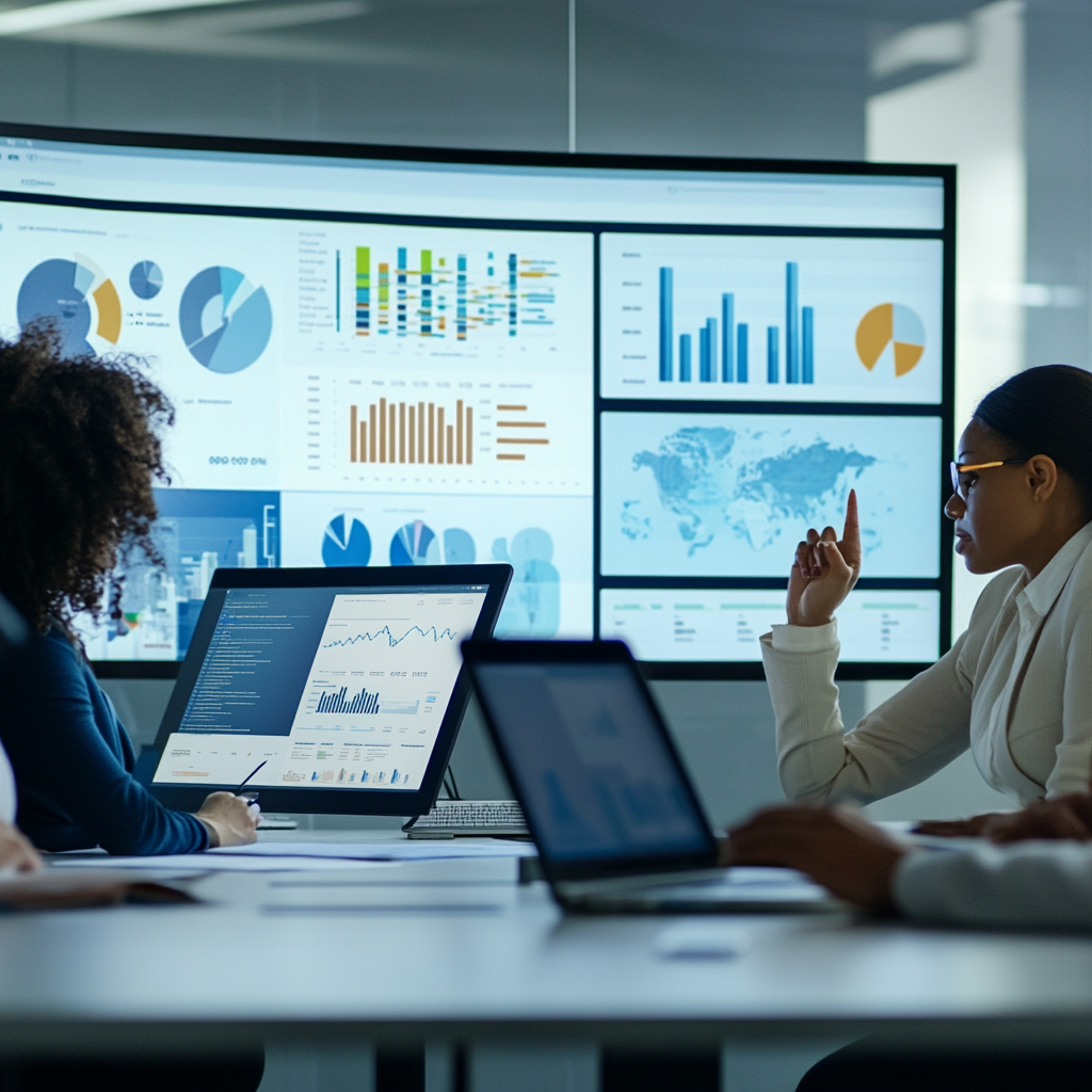 A diverse group of advocates utilizing SMARTCOMMENT's digital platform, featuring interactive dashboards, real-time data analytics, and community engagement tools, symbolizing enhanced advocacy outreach and strategic public mobilization.